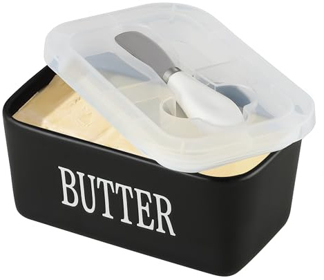 Besmeety 650 ml keramisk smörlåda med lock, stor smörbehållare med silikontätningar, smörbehållare (17,5 x 10,2 x 7,6 cm) (svart, 650 ml)