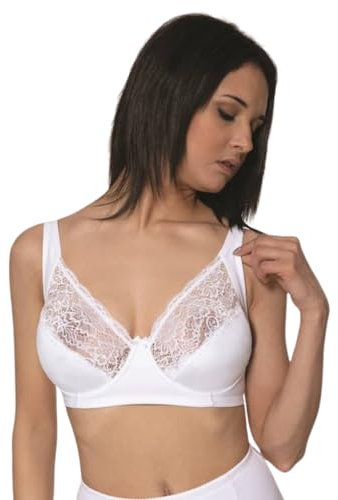 BeMyco Reggiseno con Ferretto Coppa D – Made in Italy – Spalline Larghe Regolabili – Pizzo e Cotone – con Chiusura a Tre Regolazioni (IT, Taglia della Coppa & Taglia della Fascia, D, 6, Bianco)