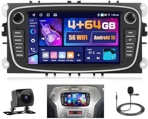 5G WiFi 4+64G Android Autoradio för Ford Focus S-Max Mondeo Galaxy C-Max Kuga Trådlös Carplay Android Auto,7 Tum Skärm Autoradio med Navi Bluetooth5.0 FM/RDS SWC Backkamera