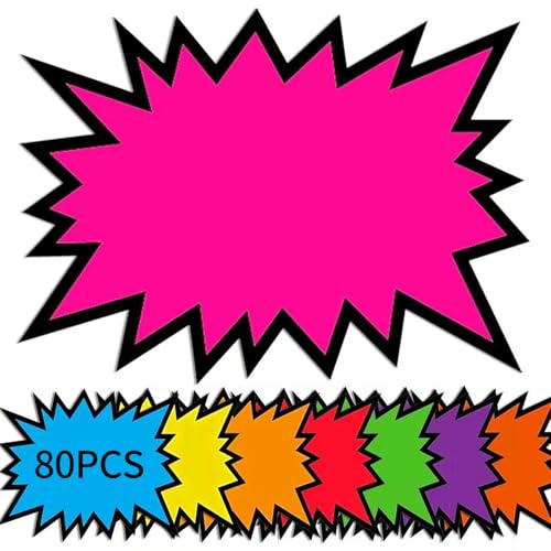 ZWWOGE 80 pièces Etiquette Prix Fluorescent Assorties etiqueteuse prix Starburst Étiquettes Prix en Forme d'Étoile Étiquette de Vente au Détail en Papier Étiquettes Promotionnelles(7.6x12.8 cm)