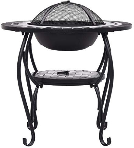 Fire Pit Table Black and White with Ceramic, Warm Garden Decor and BBQ, 68 x 68 x 60 cm Metal and Ceramic, Includes Safety Mesh Cover, Poker Tool, and More