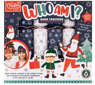 RSW Christmas Cracker Set of 6 – Who Am I Game – Fun Family Party Crackers with Gonk Headbands & 24 Guessing Game Cards – 9 Crackers with Hat & Motto