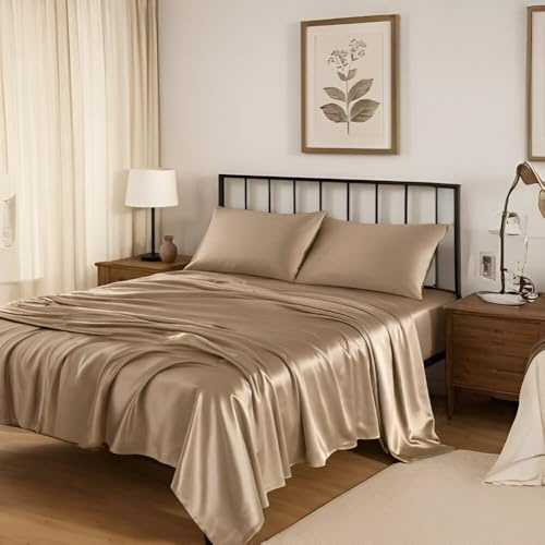 Mulberry Silk 6A Graded (30 Momme) Solid Sheet Set | King, Taupe | Breathable & Hypoallergenic Set Upto 15 Inch - 18(Inch) Deep Pocket 4 Piece Set | Free Delievery