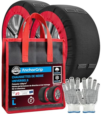 Eurocali Cadenas de Nieve Textiles Coche Homologadas EN 16662-1 Talla L - DriveonSnow AnchorGrip con Tacos para Tracción Estabilidad y Antideslizamiento Montaje Rápido - Nieve y Hielo hasta 40 km/h