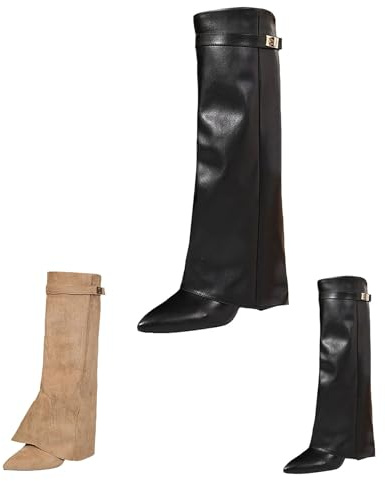 Bottes cuissardes pour femme en cuir - Bottes hautes jusqu'au genou pour femme - Pliables - Bottes slouchy avec fermeture éclair latérale - Bottes longues à enfiler - Talons hauts pointus - Élégantes