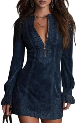 Generisch Mini abito in camoscio mezza zip donna western cowgirl pizzo scollo a V manica lunga sexy aderente look retrò, Blu, XS