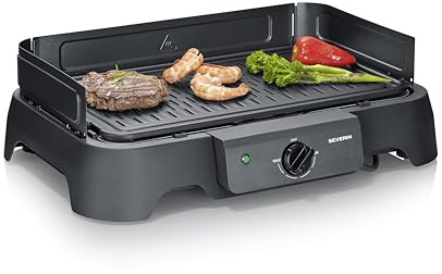 Severin Barbacoa eléctrica, 2000 W, temperatura de 40 a 220 °C, 39 x 23 cm, plancha con revestimiento cerámico sin PFAS, protector contra viento, bandeja extraíble, interior y exterior, Negro, PG 8595
