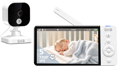 GHB Camara Vigilancia Bebe con 5 HD Vigilabebes con Camara Duración de Batería 168 Horas Pantalla Dividida, 4×Zoom, Comunicación Bidirecciona Escucha Bebe