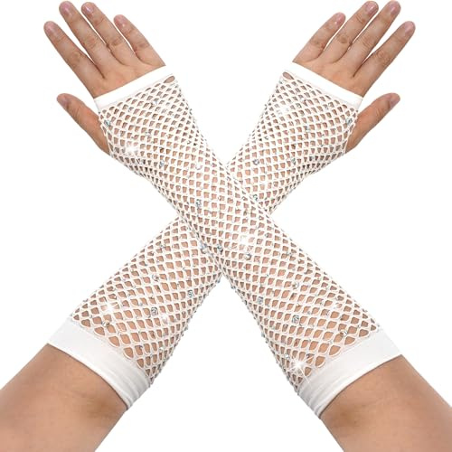 MESU Women Fishnet Rhinestone Fingerless Gloves Sparkly Mesh Gloves | for 80s Party Cosplay