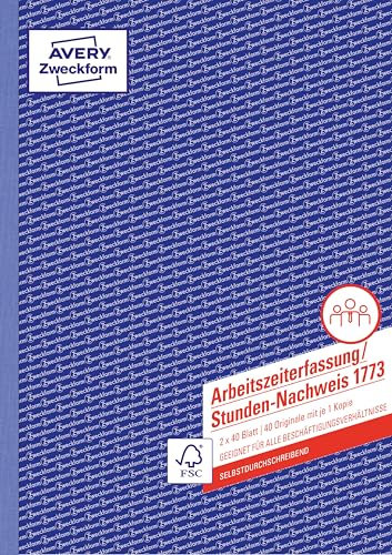 AVERY Zweckform 1773 Stunden-Nachweis (A4, selbstdurchschreibend, von Rechtsexperten geprüft, für Deutschland u. Österreich zur lückenlosen Arbeitszeiterfassung, 2x40 Blatt) weiß/gelb