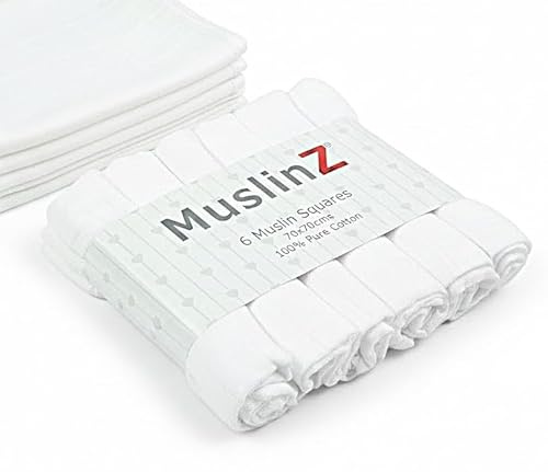 MuslinZ White Baby Muslin Cloths, Baby Burp Cloths, Baby Muslins, Baby Diaper Cloths, 100% Pure Cotton, Newborn Baby Essential (6 pack - 70x70cms)