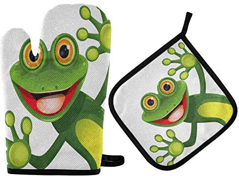 Mnsruu Ofenhandschuh und Topflappen-Set mit grünem Frosch, hitzebeständig, Küchenhandschuh zum Kochen, Backen, Grillen, Grillen