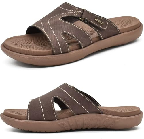 KuaiLu Womens Fashion Orthotic Slides Ladies Lightweight Athletic Yoga Mat Walking Sandals Slip On Thick Cushion Recovery Slippers Sandles Comfortable Plantar Fasciitis Arch Support Brown Tan Size 9