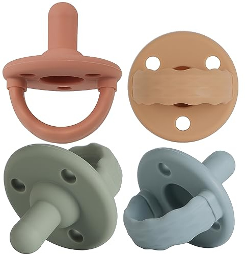 Soother 4 Pack, Cherry Shaped Nipple, Food Grade Silicone Newborn Up Dummy Pacifier with Handle & 3 Holes for Added Safety (Sage+Ether+Muted+Apricot)