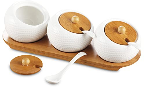 MIATTCLD 3 Pcs Porcelain Condiment Jar Set, Spice Jars with Bamboo Cap and Ceramic Serving Spoon, Wooden Tray, Used to Store Sugar, Spices, Coffee, Tea, 170 ML (5.8 OZ)