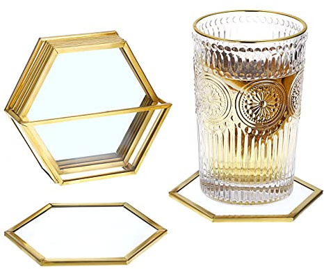SUMTree Untersetzer aus Glas, goldfarben, sechseckig, Untersetzer für Kaffee, Tee, Wein, Untersetzer mit Halter