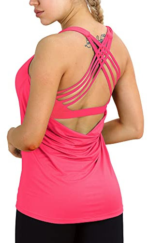 icyzone Damen Sport Tops mit Integriertem BH - 2 in 1 Yoga Gym Shirt Fitness Training Tanktop (S, Neon Pink)