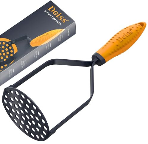 Deiss PRO Heavy Duty Stainless Steel PotatoMasher Hand-Held for Struggle-Free Mashing - Dishwasher Safe Vegetable and Fruit Masher - Black