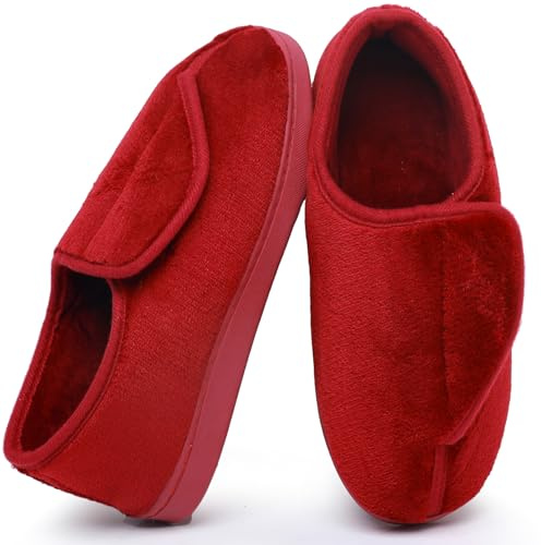 Git-up Ladies Diabetic Slippers Arthritis Edema Memory Foam Adjustable Closed Toe Swollen Feet Slippers Comfortable House Indoor Outdoor Shoes with Rubber Sole Red UK/6 US 8