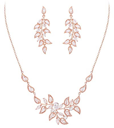 Clearine Blatt Cluster Schmuckset Brautschmuck Set Zirkonia Anhänger Halskette und Tropfen Ohrringe für Hochzeit Party Klar Rosegold Ton
