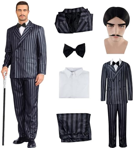 Men's 1920s Gangster Costume Wig Pinstripe Suit Blazer Jacket Shirt Pants Set with Necktie Halloween Cosplay Outfits L