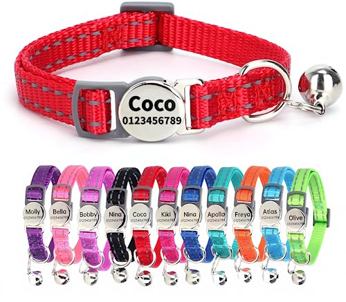 SEOUGEE Cat Collar Quick Release with Personalised Name Tag, Reflective Kitten Collars with Bells & Safety Release, 19-30 CM Adjustable, Red