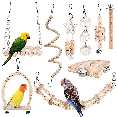 9 Stück Vogelspielzeug - Papageienspielzeug, Vogelkäfig Schaukelspielzeug, Kauspielzeug Vögel Spielzeug, Vogelkäfig Zubehör, Holz Sitzstangen Plattform für Wellensittich,Nymphensittiche,Aras,Finken