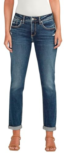 Silver Jeans Co. Women's Boyfriend Mid Rise Slim Leg Jeans, Med Wash CVS310, 28W x 29L