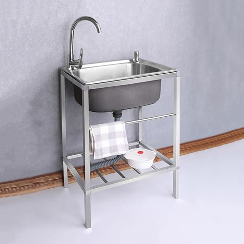 Edelstahl Waschbecken für den Außenbereich,Spüle Edelstahl,Outdoor Garage Garten Camping Keller Ausgussbecken mit Backsplash Abfluss Sieb,Spülbecken mit Warm Kaltwasserhahn (Size : 48 * 35cm)