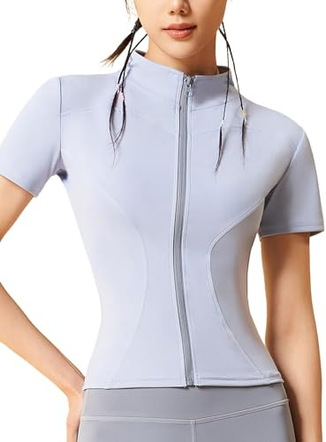 VIEWON Chaqueta deportiva de manga corta para mujer, con cremallera completa, cuello alto, estilo informal, para correr, Azul/claro, M