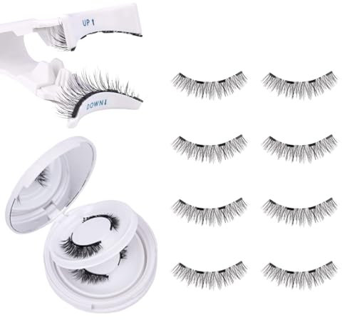 Mrltau 4 paar Magnetische Wimpern mit 1 Stk Zange, Künstliche Wimpern Magnetisch Set, selbstklebende wimpern, NatüRlich Look Wiederverwendbare Wasserdichtem Langlebigem.