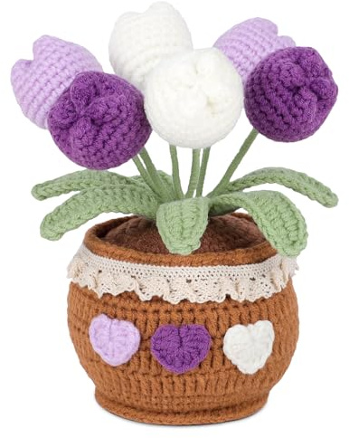Lovmeety Tulipani viola in vaso all'uncinetto, fiori fatti a mano all'uncinetto con vaso tulipani fiori lavorati a maglia in vaso bouquet all'uncinetto per casa ufficio scrivania mensola regalo