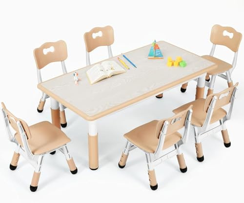 Clevich Children's Table with 6 Chairs, Kids Table Chair Set for Nursery and Children's Room,Height Adjustable, Plastic Children's Furniture, Yellow