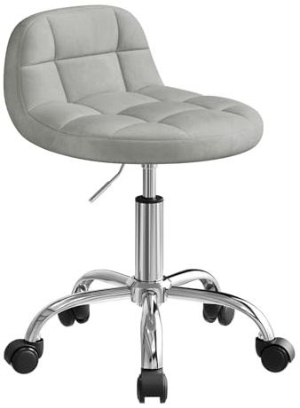 WOLTU Silla de Tocador Terciopelo, Taburete Giratorio con Respaldo Bajo, Altura Regulable (43,5-55 cm), Estructura Metálica, Gris Claro