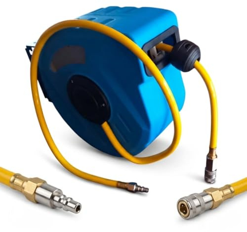 Avvolgitubo Aria Compressa Automatico 12 Metri, Tubo Flessibile in PVC Rinforzato con Attacco Rapido 1/4, Supporto a Parete Girevole 180°, Sistema di Blocco e Riavvolgimento per Officina e Garage