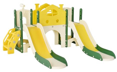 Toboggan pour Enfant, 7 en 1 Toboggan Intérieur et Extérieur Enfant avec Aire de Jeux, Panier de Basket et Tunnel, Escaliers et Cadre d'escalade Autoportant pour Bébé (7 en 1 Jaune-2)