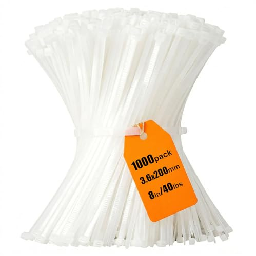 8 inch Cable Ties 1000 Pack, 3.6 x 200mm Zip Ties White, Tensile Strength 40lbs with UV Resistant, Tie Wraps Nylon Plastic Ties Self Locking Large Heavy Duty Cable Wrap for Tidy Wires Workshop Garden