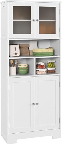 HOMCOM Buffet Haut Cuisine, Armoire de Cuisine, vaisselier, 4 Portes, niches et étagères réglables, Portes en Verre, Meuble de Rangement pour Salon, Salle à Manger, 60 x 30 x 145,5 cm, Blanc