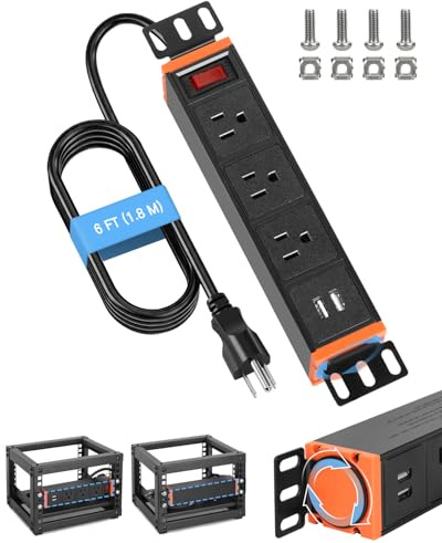 10-Inch Rack Mount PDU Power Strip, 1U Half-Rack Power Distribution Unit, 3 AC Outlets, 2 USB-A Ports, 15A Resettable Overload Switch, 6 ft 16AWG Cord for 10'' Mini Server Network Cabinets/Rack/Self