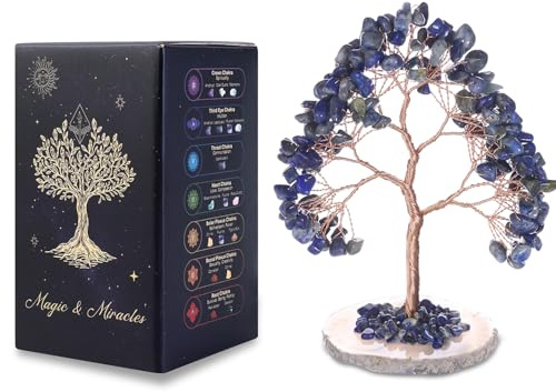 MAGIC AND MIRACLES Lapis lazuli Arbre de Vie en Cristal Naturel 135 Pierres Feng Shui Chakra Reiki Arbre Bonsaï Énergie Décoration Maison Bureau Cadeau Spirituel Base Pierre Irrégulière 11 cm