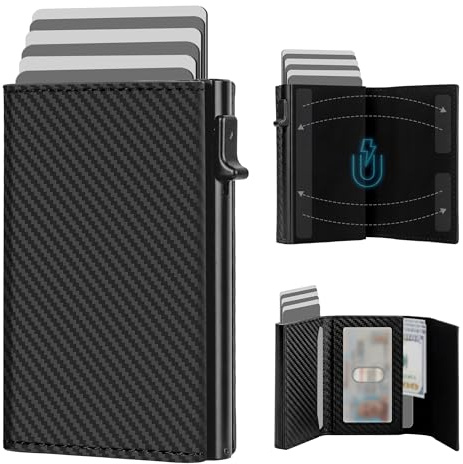 GRALEON Credit Card Holder Wallets for Men,Slim,Minimalist,Smart,RFID Blocking,Pop Up Leather Card Case Wallet, Cash Slot |ID Window|10-14 Card Capacity|Gifts for Men(Carbon Fiber)