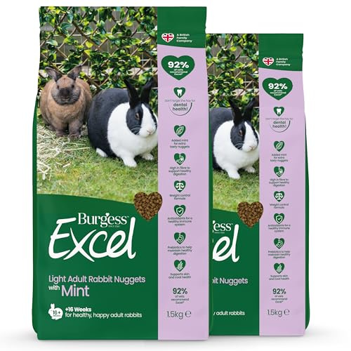 Burgess Excel Light Rabbit Food with Mint, 3kg - Weight Management Rabbit Nuggets - Pellets for Overweight Rabbits (Pack of 2)