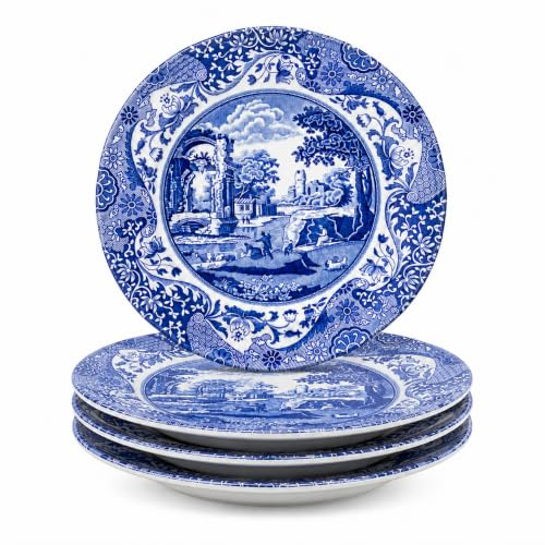 Spode x Blue Italian Set of 4 Soup Plates - Quality Made in England Earthenware with Signature Blue and White Oriental Border Made in England, Dishwasher & Microwave Safe, 23cm