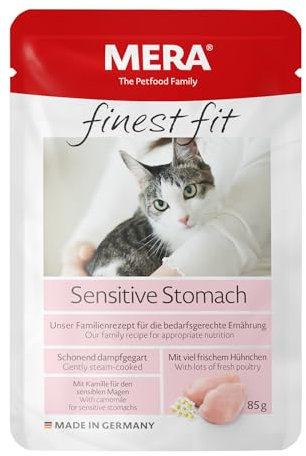MERA Finest fit Sensitive Stomach, Katzenfutter nass für Katzen mit sensiblem Magen, Nassfutter aus Geflügel, Futter für einen gesunden Darm, getreidefrei (12x85g)