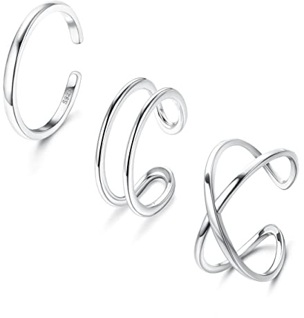 PATISORNA 3Pcs 925 Sterling Silver Open Adjustable Rings for Women Men Minimalist X Cross Arrow Heart Moon&Star Paperclip Rings Stackable Thumb Knuckle Simple Rings Set Size 6-9