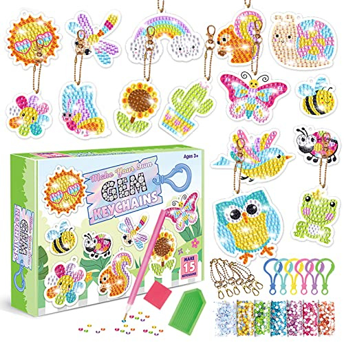 CAYUDEN Diamond Painting Keychains, 15pcs Animal Diamond Art Keychains 5D Diamond Art Kits Decorative Crystal Art Kits for Kids DIY Gem Keyring Making Kit Gem Art and Craft for Kids Ages 4 6 8 10 12
