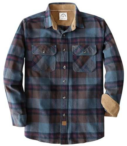 Dubinik® 6 oz Flanellhemd Herren Retro Weich Langarm Kariert 100% Baumwoll mit 2 Brusttaschen Blau Hellbraun L