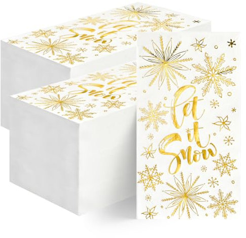 Horaldaily 200 weihnachtliche Einweg-Papierservietten, dekorative Gästeservietten, Let It Snow White Papier, Goldfolie, Handtuch für Party, Mittagessen, Abendessen, Küche, Badezimmer