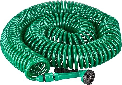 VIVAAS Retractable Coil Hose Garden Spray Gun 5 Function Pipe Reel Water Spray Gun Nozzle Garden Patio | Plant & Flower Watering Patio Decking Cleaning (30M 100Ft)