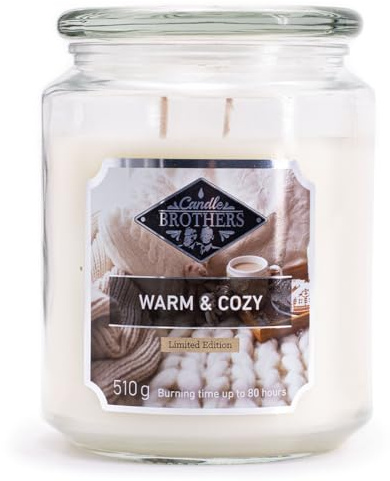 Candle Brothers - Vela aromática grande en tarro de cristal, cálida y cozy, 2 mechas en vaso, vela perfumada de invierno, larga duración (110 h), velas blancas (510 g)